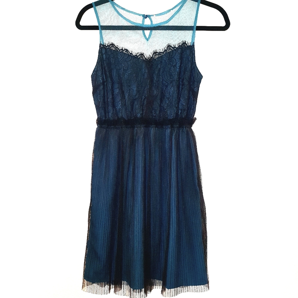 Anthropologie teal dark blue lace knee length dress Size XS